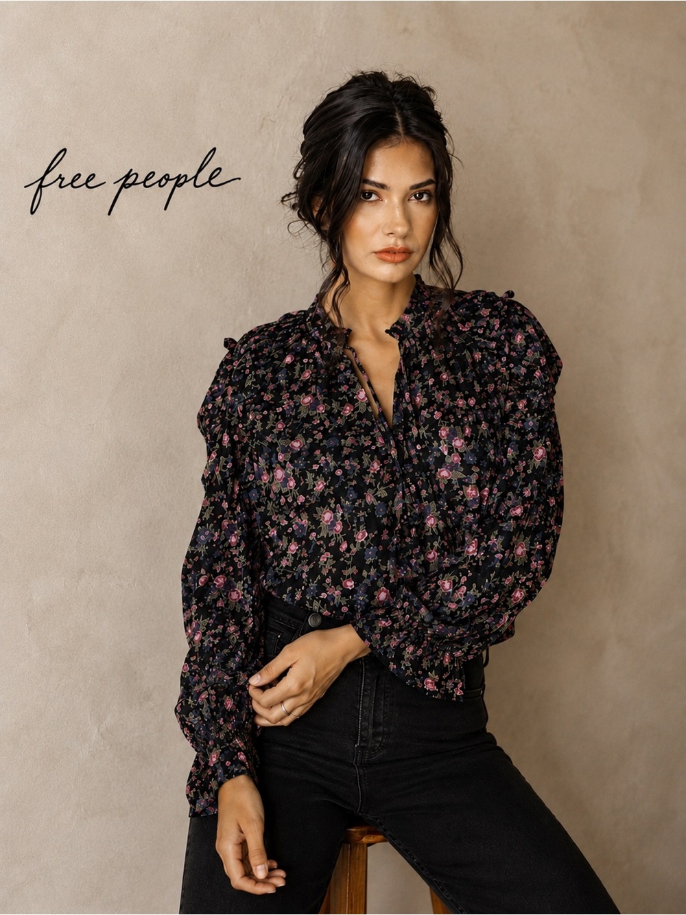 Free People Meant To Be Blouse – Black Rose Floral – XS
